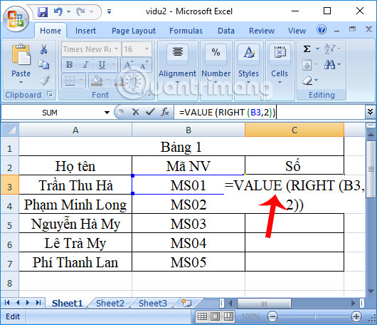 Hàm Value trên Excel