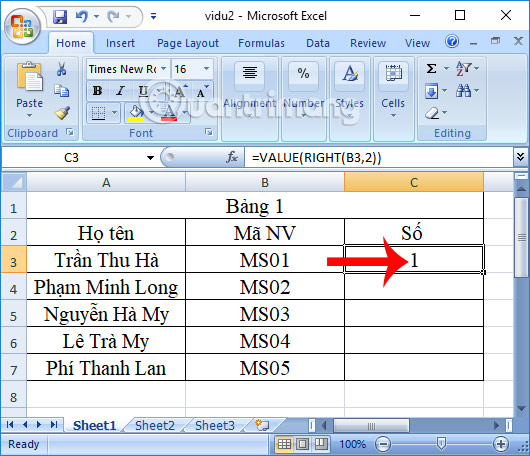 Kết quả hàm Value cho bảng Excel