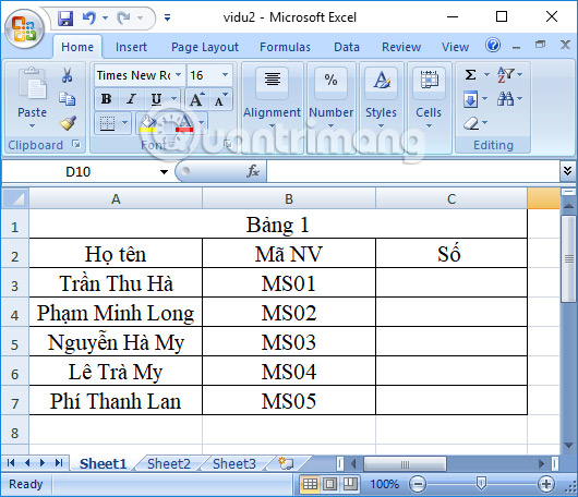 Bảng Excel 
