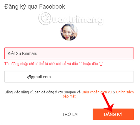 Đăng ký Shopee qua Facebook