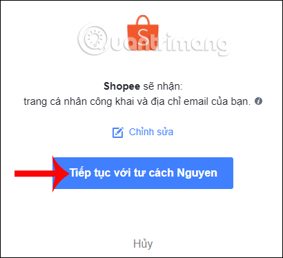 Tiếp tục truy vập với tài khoản Facebook 