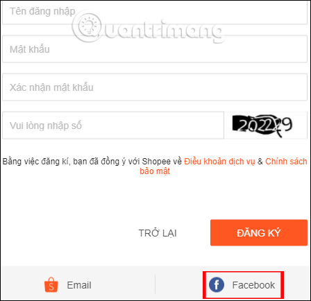 Đăng ký Shopee bằng Facebook