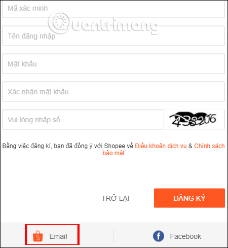 Đăng ký Shopee bằng email 
