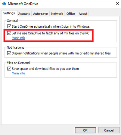 Tích ô bên cạnh Let me use OneDrive to fetch any of my files on this PC