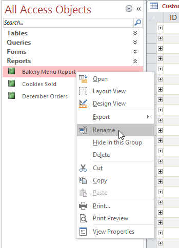 Đổi tên đối tượng trong Access 2016