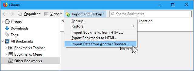 Chọn nhập dữ liệu từ trình duyệt khác