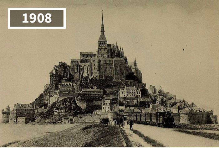 Xe ngựa và xe lửa hơi ở Mont Saint-Michel, Pháp, 1908
