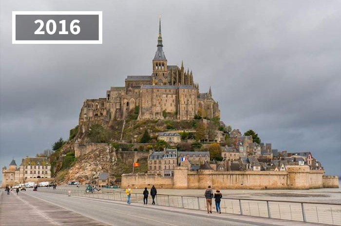Xe ngựa và xe lửa hơi ở Mont Saint-Michel, Pháp, 2016