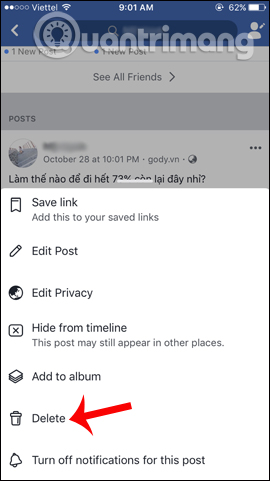 Xóa status Facebook trên bản ứng dụng