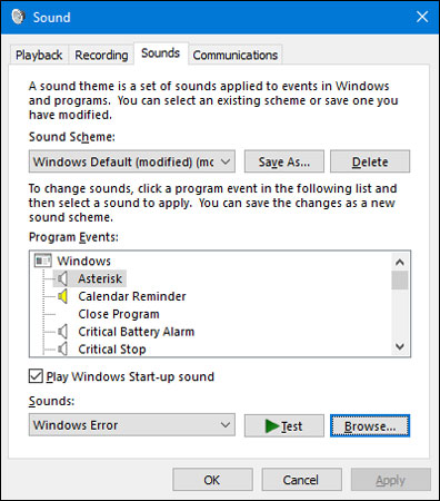Nhấp chọn Browse để chọn âm thanh cho Windows