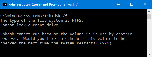 Chạy lệnh chkdsk với switch /f