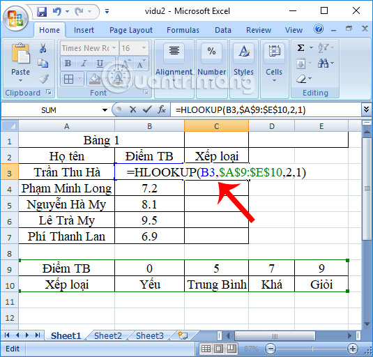 Nhập công thức hàm Hlookup 