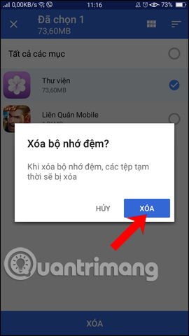 Đồng ý xóa cache ứng dụng