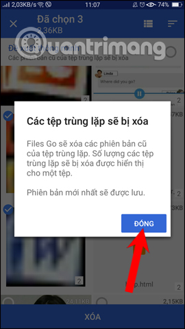 Thông báo xóa file trùng lặp