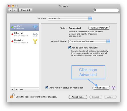 Nhấp chọn Airport > Advanced để thay đổi cài đặt kết nối không dây