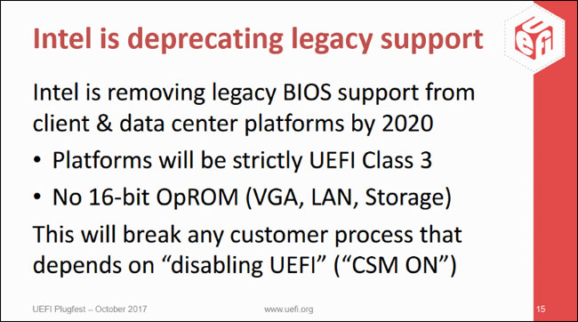 Intel dự kiến sẽ kết thúc hỗ trợ Legacy BIOS vào năm 2020