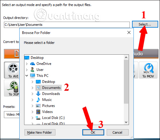 Chọn thự mục đầu ra lưu file âm thanh 