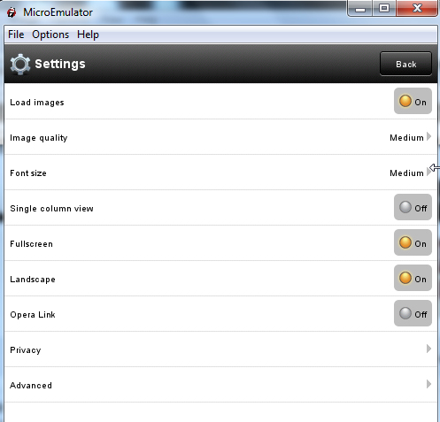 Thiết lập trong phần cài đặt Opera Mini