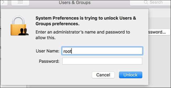 Sau khi nhập tên người dùng là root, nhấp liên tục vào Unlock