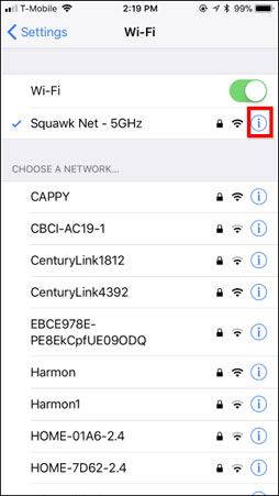 Nhấp chọn biểu tượng "i" phía bên phải tên mạng