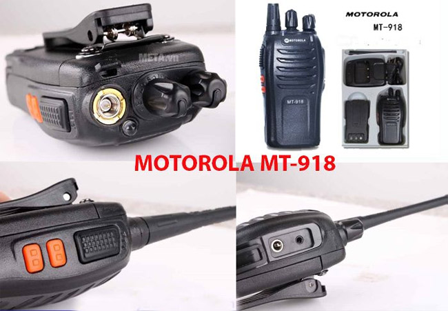 Trọn bộ Motorola MT 918 gồm: Thân máy, antenna, Pin sạc, adaptor, sạc bàn, bát cài lưng.