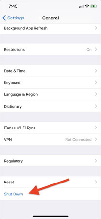 Truy cập Settings > General > Shut Down để tắt nguồn