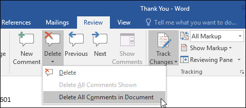 Nhấp chọn Delete All Comments in Document để xóa toàn bộ nhận xét