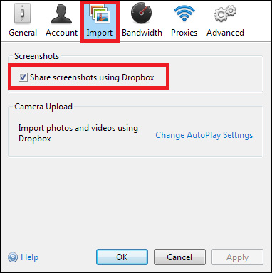 Tích vào ô bên cạnh tùy chọn Share screenshots using Dropbox