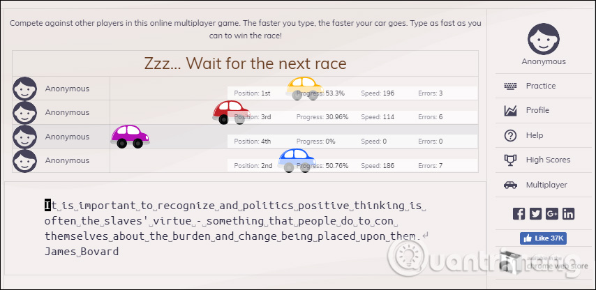 Các tùy chọn trên Keybr