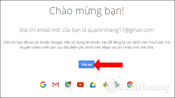 Thông báo tạo Gmail thành công