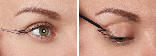 Để kẻ phần đuôi mắt nhanh chóng, bạn chỉ cần đặt tăm kẹp tóc vào phần cuối góc mắt (như hình) và kẻ theo đường cố định đó