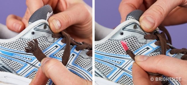 Sử dụng băng dính quấn phần đầu của dây giày bị tua rua lại để dễ dàng xuyên qua lỗ