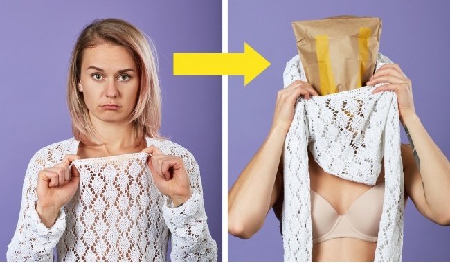 Để mặc quần áo mà không sợ bị lớp trang điểm dính vào, hãy trùm cái túi lên đầu 