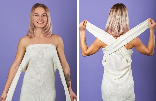 Lấy phần tay của áo len đan chéo qua lưng