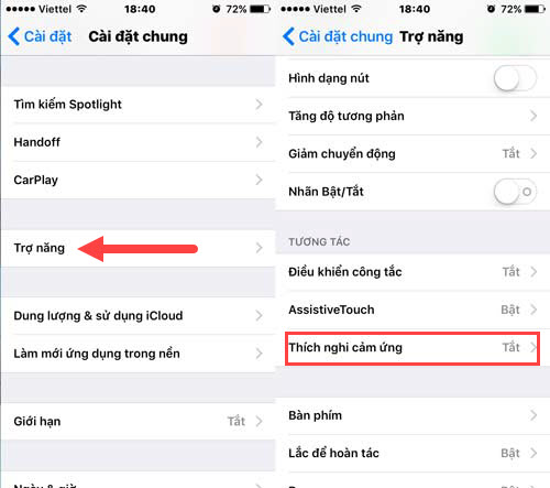 Vào phần trợ năng và chọn thích nghi cảm ứng.