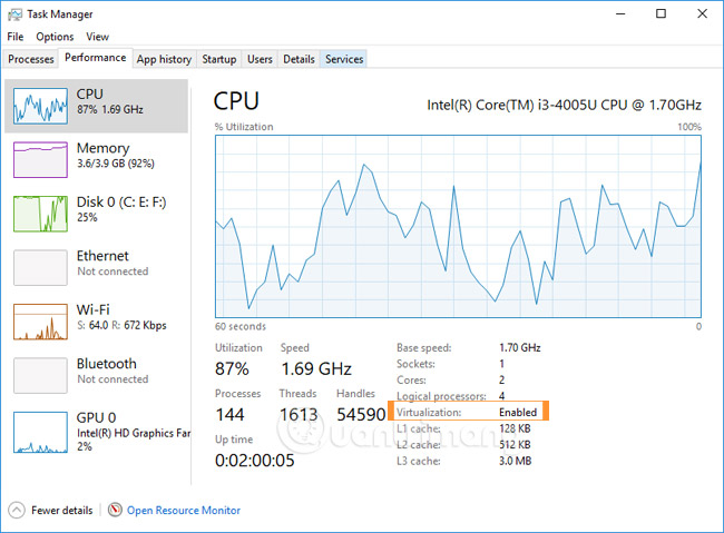 Kiểm tra ảo hóa trên máy tính bằng Task Manager