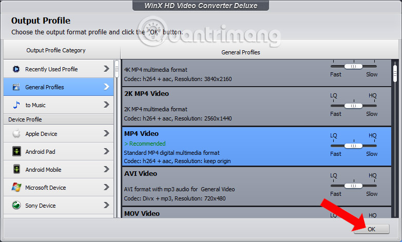 Chọn định dạng cho video