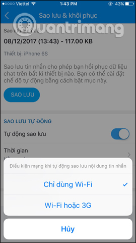 Điều kiện mạng khi sao lưu