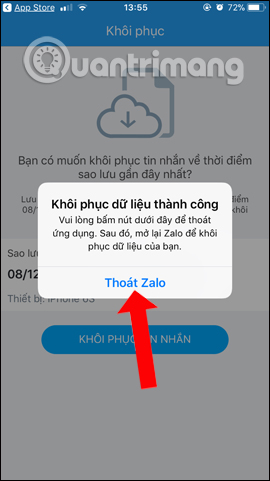 Thoát tài khoản Zalo để khôi phục dữ liệu