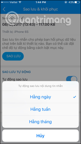 Thời gian tự động sao lưu tin nhắn
