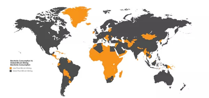 Bản đồ cho thấy các quốc gia tiêu thụ điện ít hơn việc đào Bitcoin (màu cam)