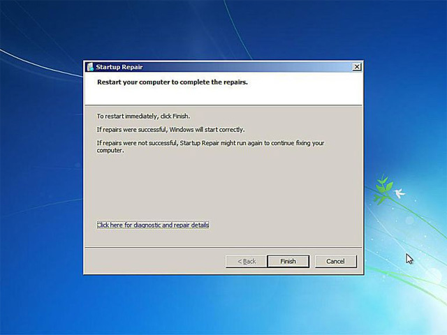 Nhấn Finish để khởi động lại Windows 7