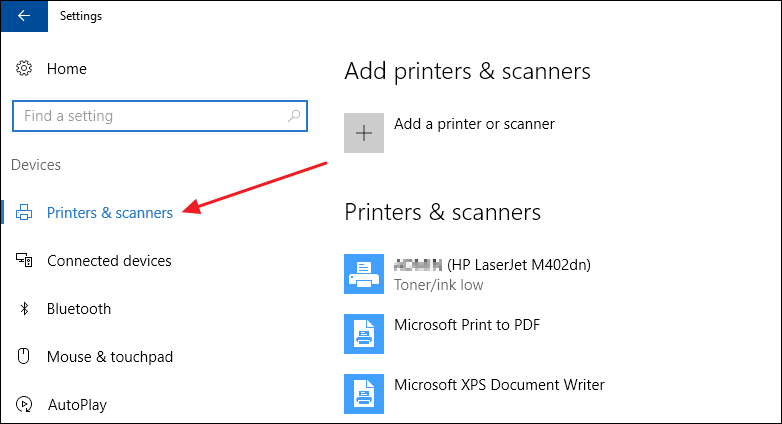 Nhấn chọn Printers and Scanners