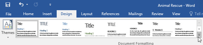 From the Design tab, click the More drop-down arrow in the Document Formatting group