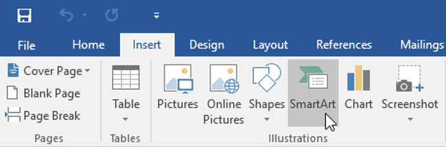 Từ tab Insert (Chèn), chọn lệnh SmartArt trong nhóm Illustrations (Minh họa).