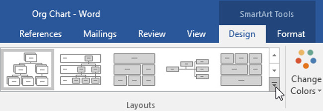 Từ tab Design (thiết kế), hãy nhấp vào mũi tên thả xuống More trong nhóm Layouts.