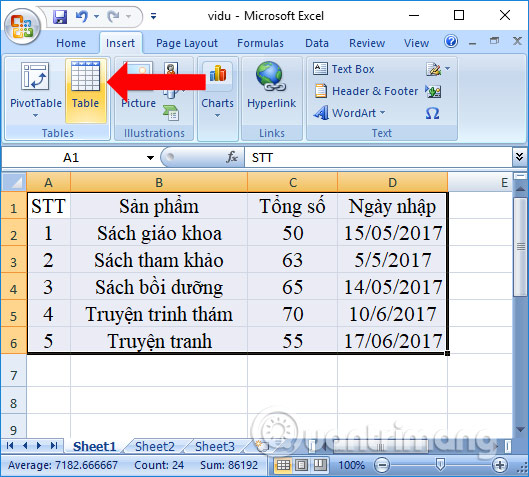 Thiết lập bảng Excel