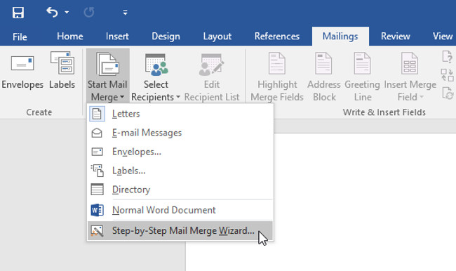 From the Mailings tab, click the Start Mail Merge command and select Step-by-Step Mail Merge Wizard from the drop-down menu.