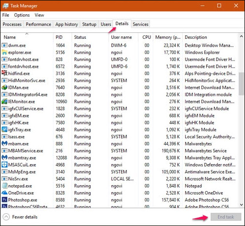 Kiểm tra mã độc trên Task Manager 