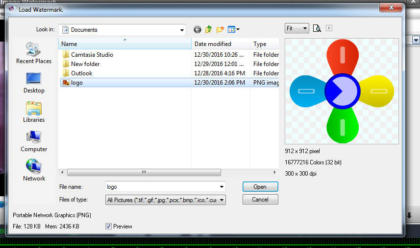 Chọn ảnh dùng để chèn làm logo trong video và nhấn Open